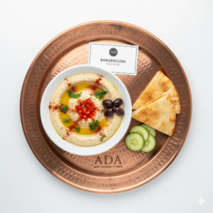 Authentic Mediterranean Babaganoush – Smoked eggplant with olive oil, tahini, garlic, herbs, and spices at Ada Mediterranean Cuisine Grill, Middle Island NY