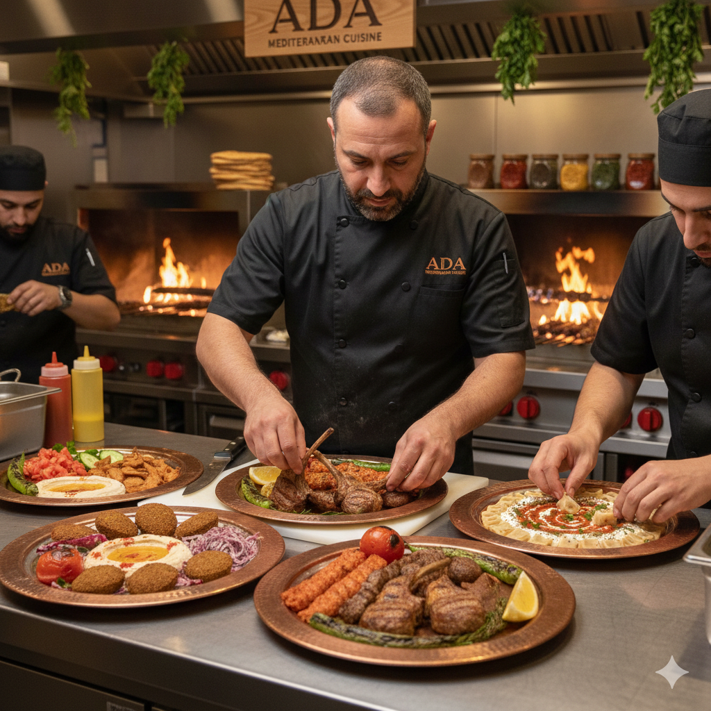 Chef preparing authentic Mediterranean dishes at Ada Mediterranean Cuisine Grill in Middle Island, NY