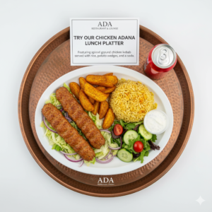 Chicken Adana Lunch Platter with rice, potato wedges, and soda at Ada Mediterranean Cuisine Grill