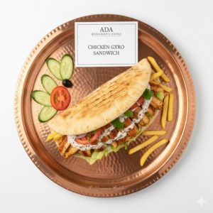 Chicken Gyro Sandwich with lettuce, tomato, onion, and cacik sauce at Ada Mediterranean Cuisine Grill, Middle Island NY