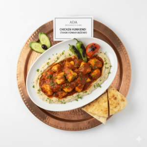 Tavuk Hünkar Beğendi – Chicken kebab served over smoked eggplant puree with tomatoes and peppers at Ada Mediterranean Cuisine Grill