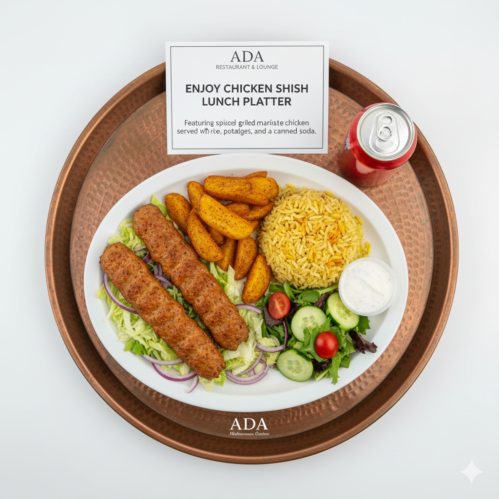 Chicken Shish Lunch Platter with rice, potato wedges, and soda at Ada Mediterranean Cuisine Grill