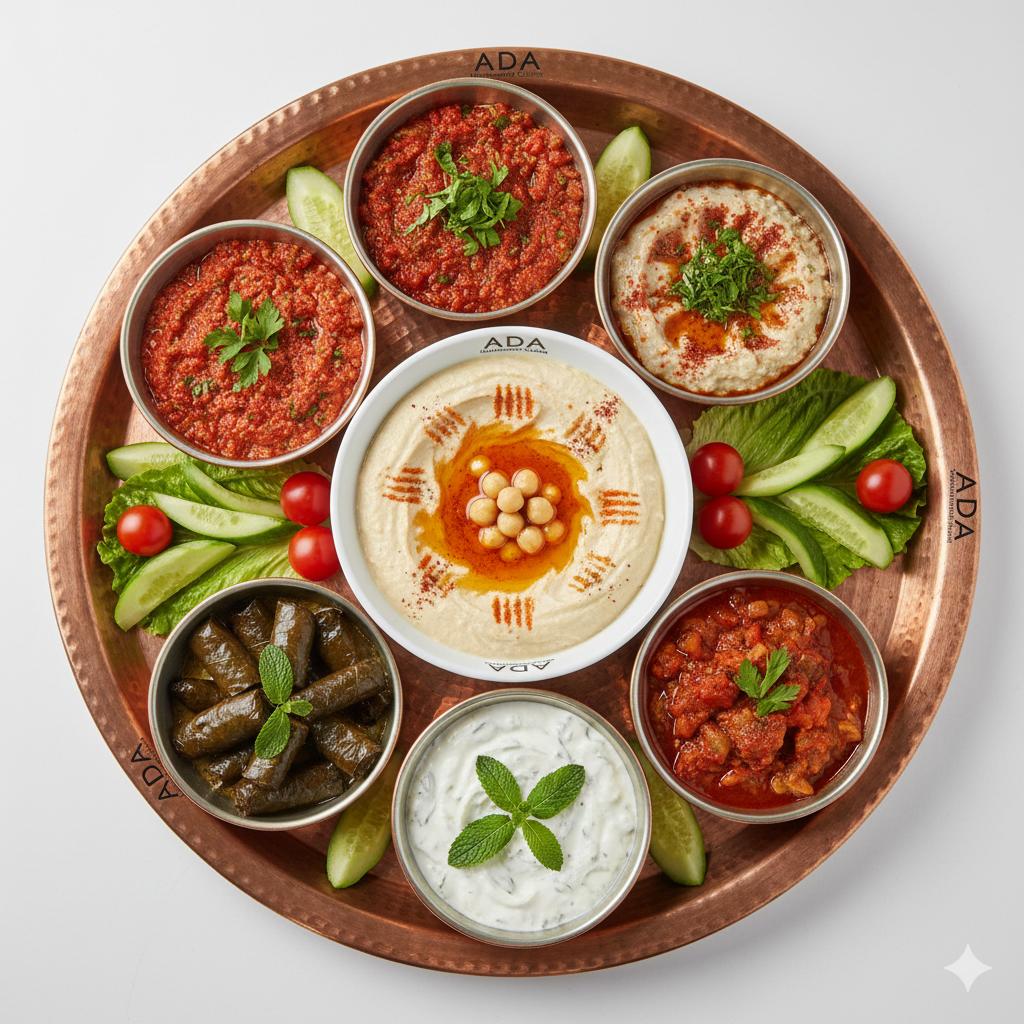 Assorted cold appetizers including hummus and babaganoush at Ada Mediterranean Cuisine Grill