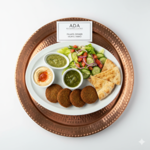 Falafel Dinner – Chickpeas, onions, celery, green peppers, garlic, parsley, herbs, served on hummus with tahini sauce at Ada Mediterranean Cuisine Grill