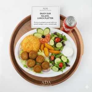 Falafel Lunch Platter with rice, potato wedges, and soda at Ada Mediterranean Cuisine Grill