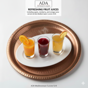 Fruit juices including apple, cranberry, and orange juice at Ada Mediterranean Cuisine Grill, Middle Island NY