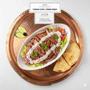 Lamb Gyro – Thinly sliced lamb roasted on vertical rotisserie at Ada Mediterranean Cuisine Grill, Middle Island NY