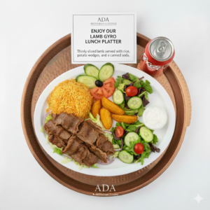 Lamb Gyro Lunch Platter with rice, potato wedges, and soda at Ada Mediterranean Cuisine Grill