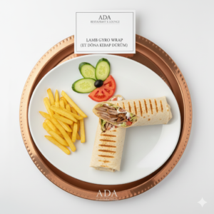Lamb Gyro Sandwich with lettuce, tomato, onion, and cacik sauce at Ada Mediterranean Cuisine Grill