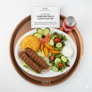 Lamb Meatballs Lunch Platter with rice, potato wedges, and soda at Ada Mediterranean Cuisine Grill