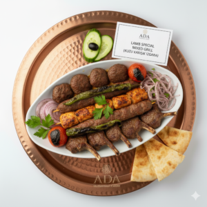 Lamb Mixed Grill – Adana, lamb shish, gyro, köfte, lamb chops served with rice, grilled tomatoes and peppers at Ada Mediterranean Cuisine Grill, Middle Island NY