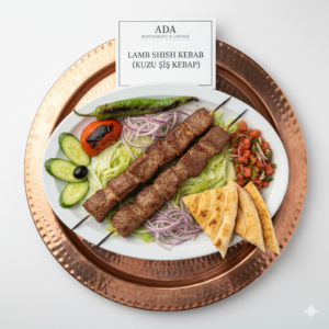 Lamb Shish – Grilled lamb cubes on skewers served with rice and vegetables at Ada Mediterranean Cuisine Grill