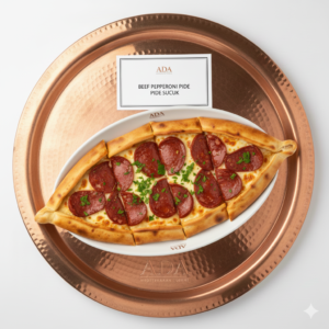 Pide Sucuk – Turkish pizza with beef pepperoni at Ada Mediterranean Cuisine Grill, Middle Island NY