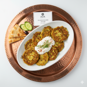 Mücver – Zucchini pancakes with garlic yogurt sauce, herbs, and feta cheese at Ada Mediterranean Cuisine Grill, Middle Island NY